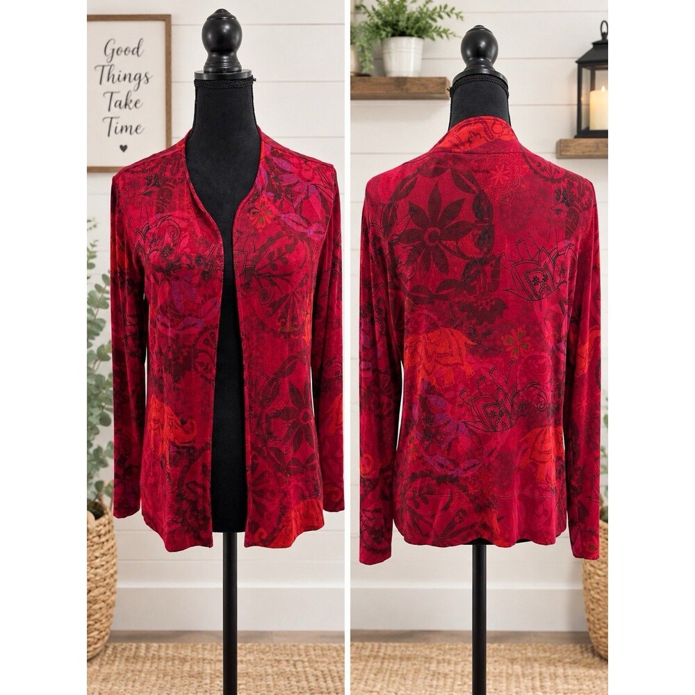 Chicos Travelers Sz 1 US M Red Paisley Long Sleeve Slinky Jacket Overlay Artsy